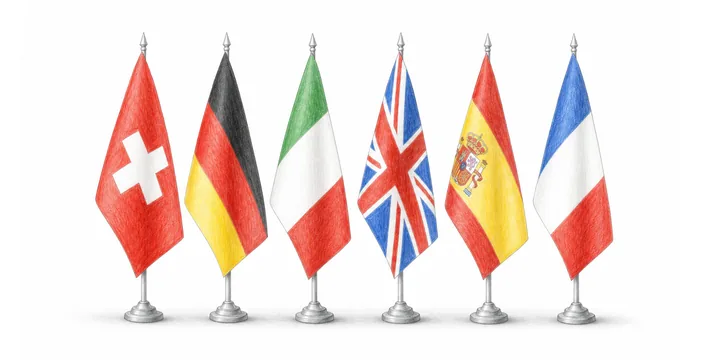 Bleistiftzeichnung von sechs kleinen Flaggen: Schweiz, Deutschland, Italien, Grossbritannien, Spanien, Frankreich