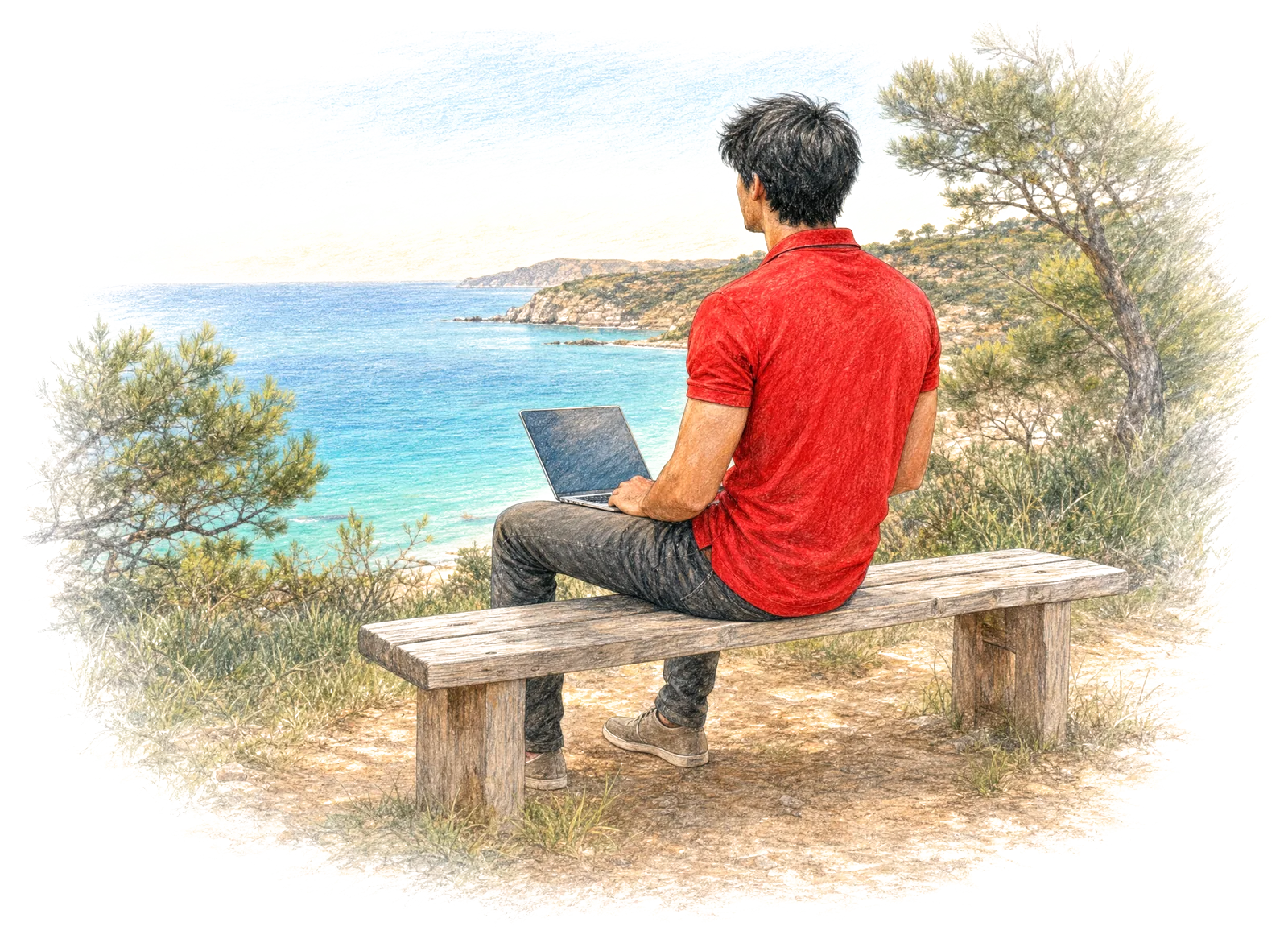 Farbstiftzeichnung von Leandro Ferrari von hinten, auf einer Bank mit Laptop, mit Blick aufs Meer